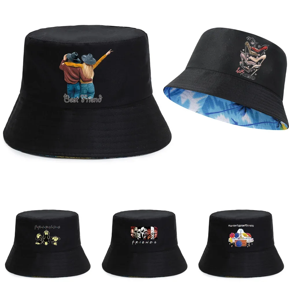 

Unisex Reversible Fisherman Caps Summer UV-proof Visors Cap Casual Wild Double-sided Bucket Hat Friends Print Beach Fishing Hats