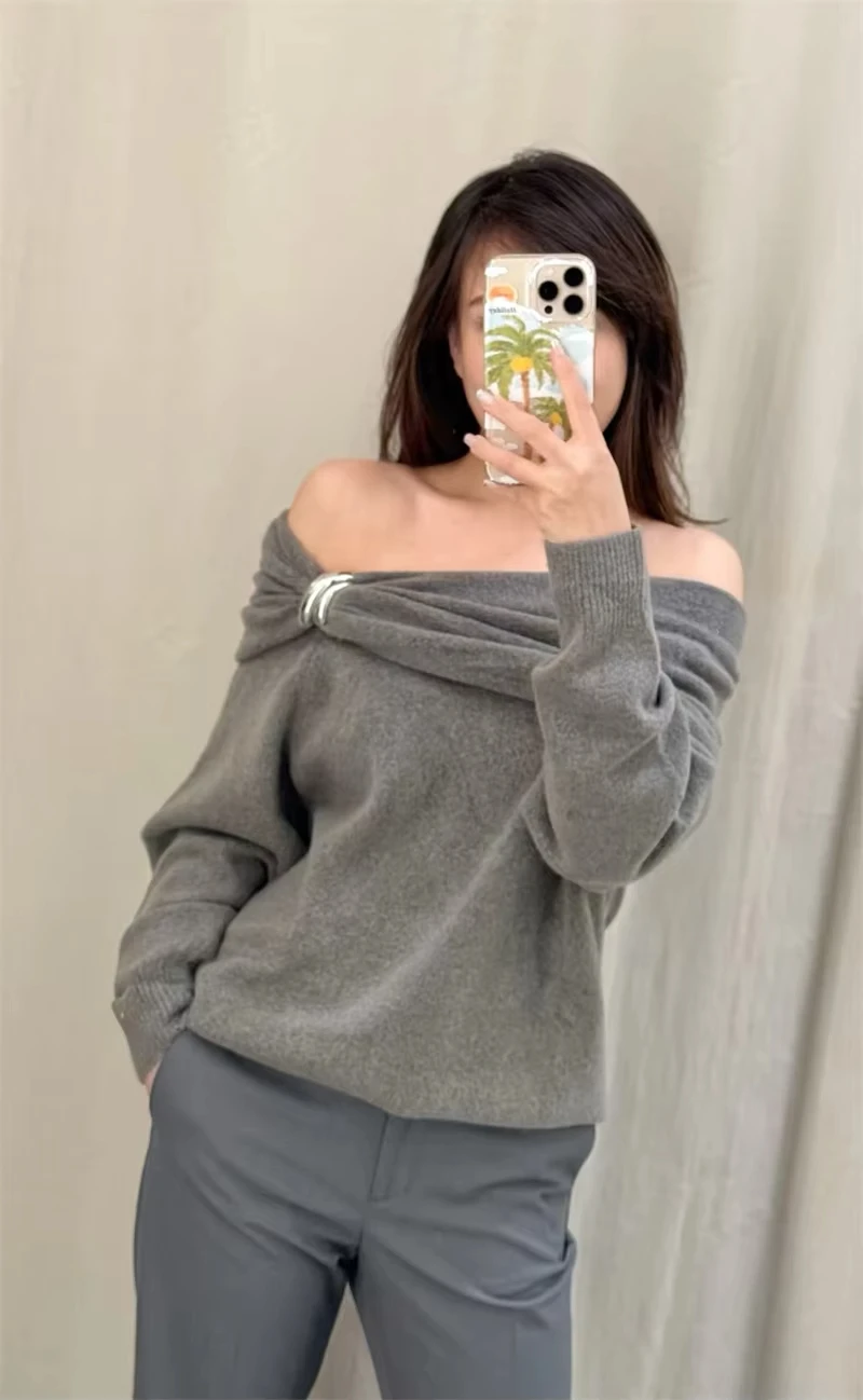 Off Shoulder Knitted Sweater With Metal Embellishments Women's Long Sleeves Fashion Essential Top