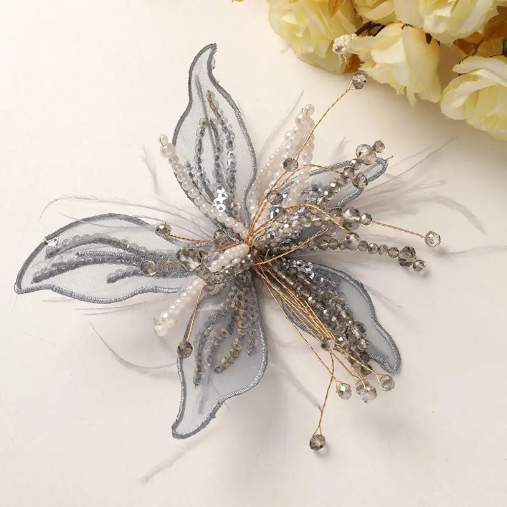Feather Pearl 3D Organza Flower Patch Twisted Wire Crystal Flower DIY Sewing Decals Handmade Lace Embroidery Patch