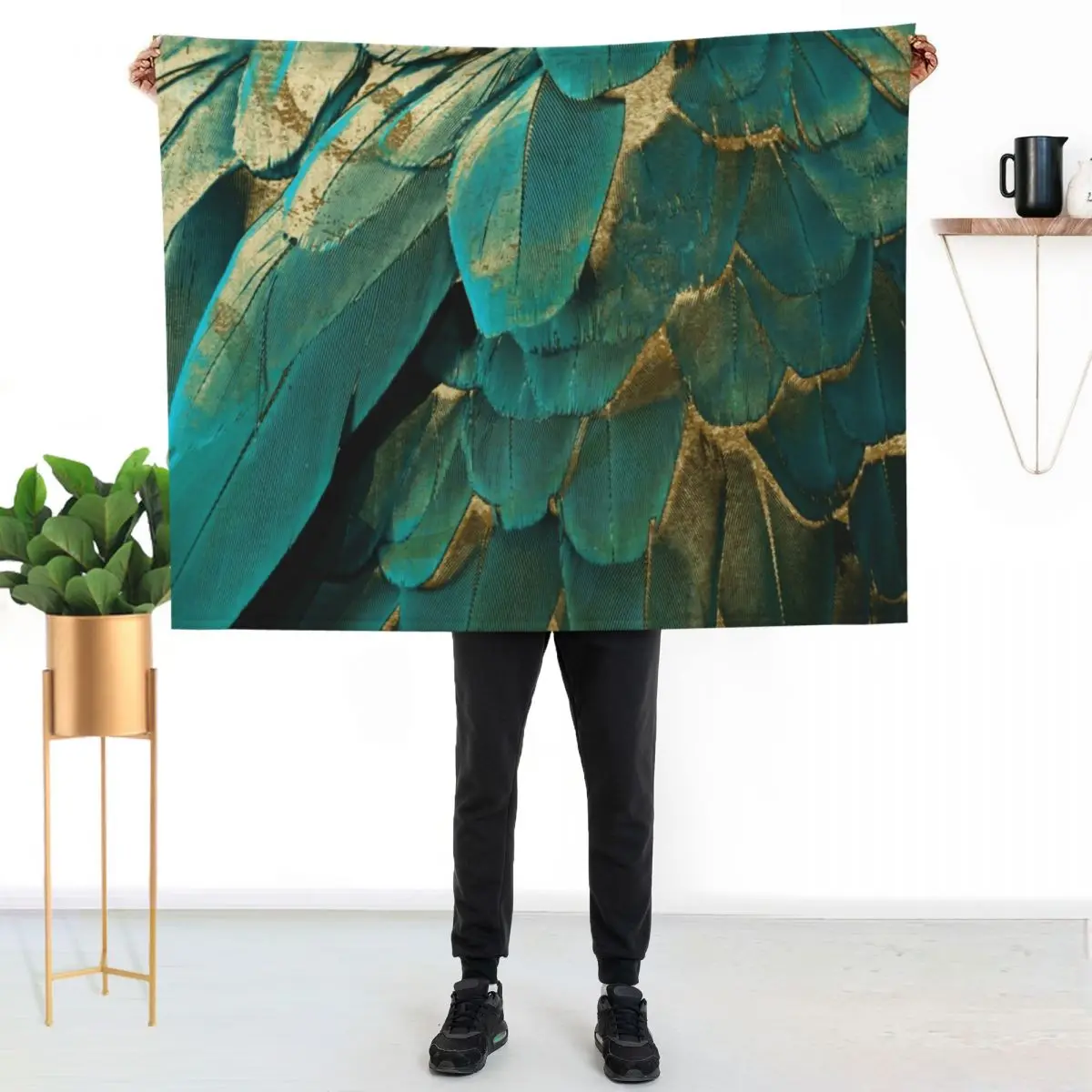 Feather Glitter Teal and Gold Throw Blanket Decoratives blankets ands Soft Big Designers Custom Baby Blankets