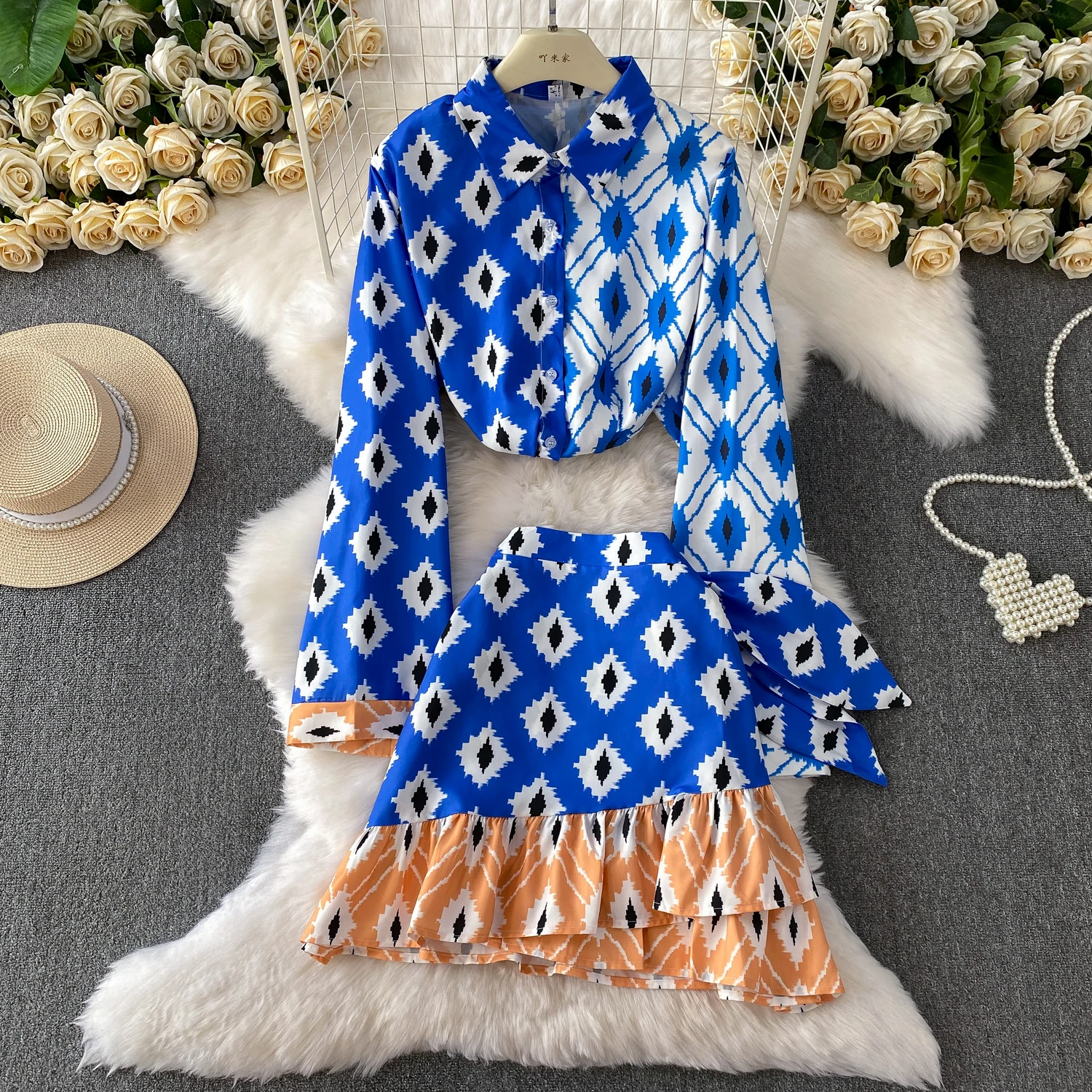 

Женский тропический пляжный костюм для отдыха, женский принт, богемные лоскутные комплекты, модный дизайн, элегантные осенние комплекты, офисные костюмы OL