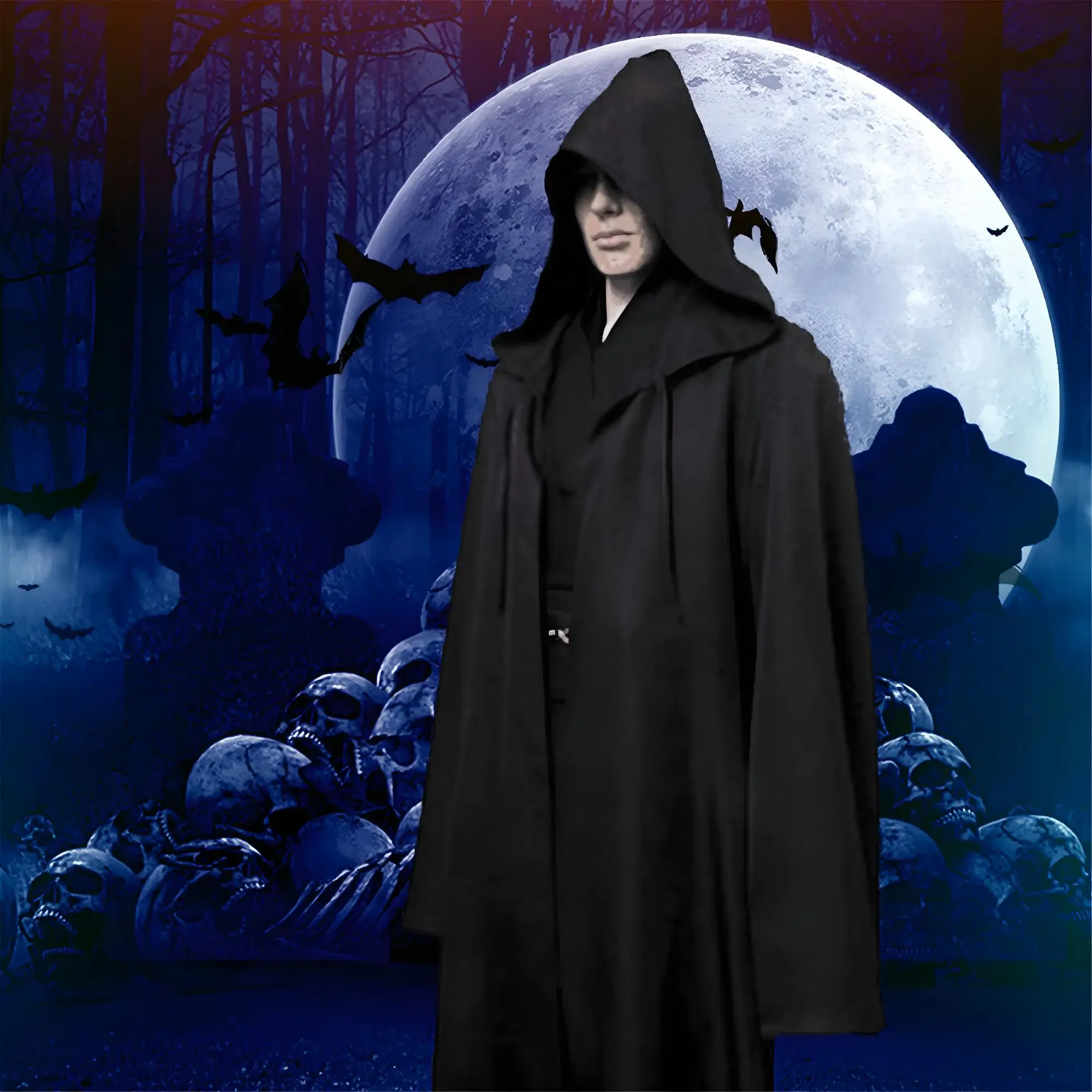 Black Cape Black Cloak Jedi Warrior Costume for Adults, Vampire Cape with Hood, Adult Halloween Cosplay Vampire Christmas Party view 5