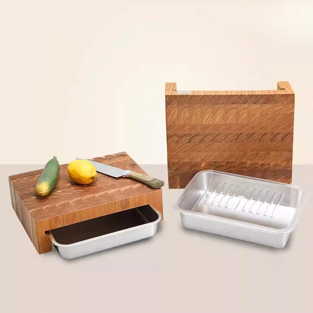 Indonesian teak combination cutting board with vegetable preparation stainless steel storage box