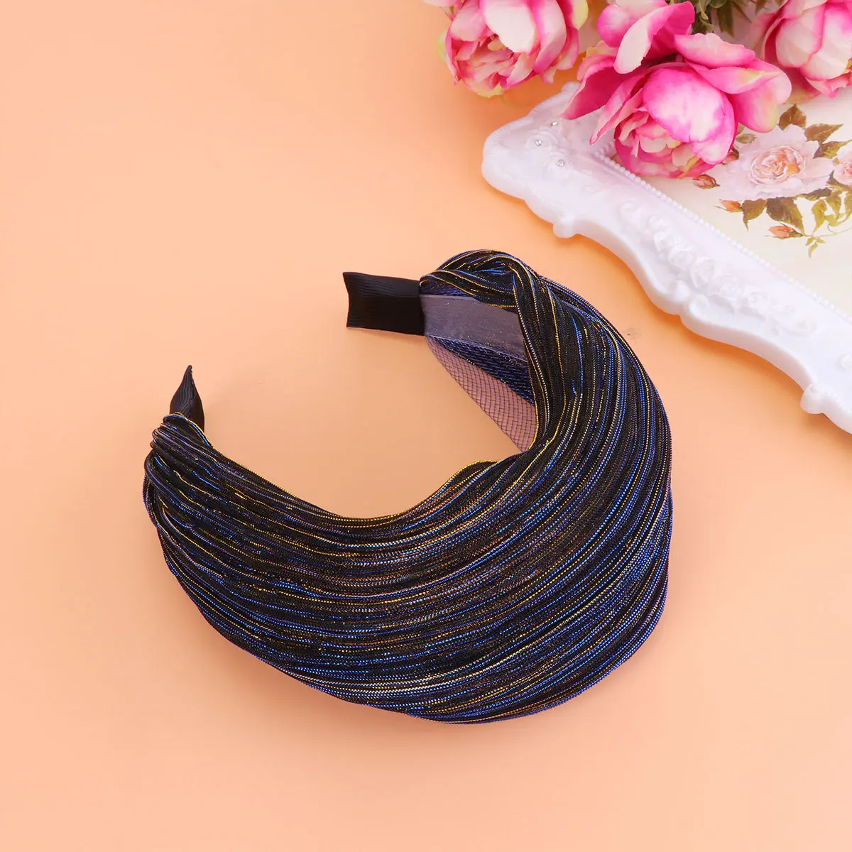 عصابة رأس من الدانتيل للنساء والفتيات من القماش بتصميم واسع من الدانتيل، إكسسوارات رباط شعر واسعة، أداة تصفيف الشعر الأزرق