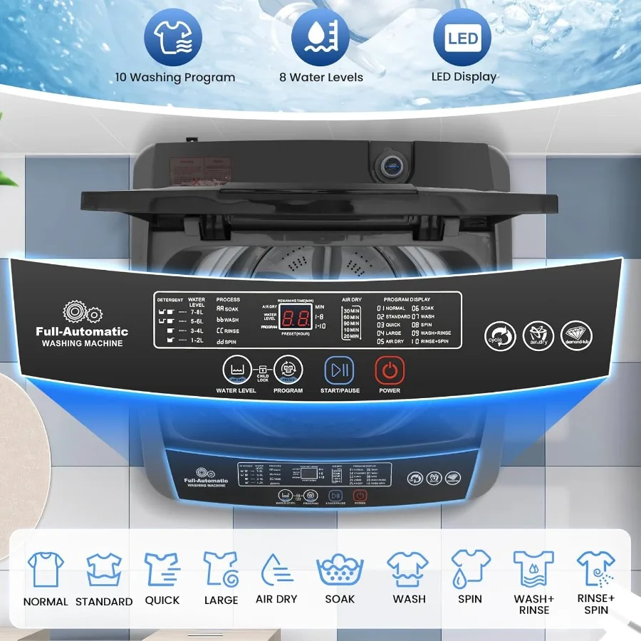 Compact Portable Washing Machine 17.8 lbs Fully Automatic with LED Display 10 Wash Programs and 8 Water Levels 2.4 Cu.ft Capaci
