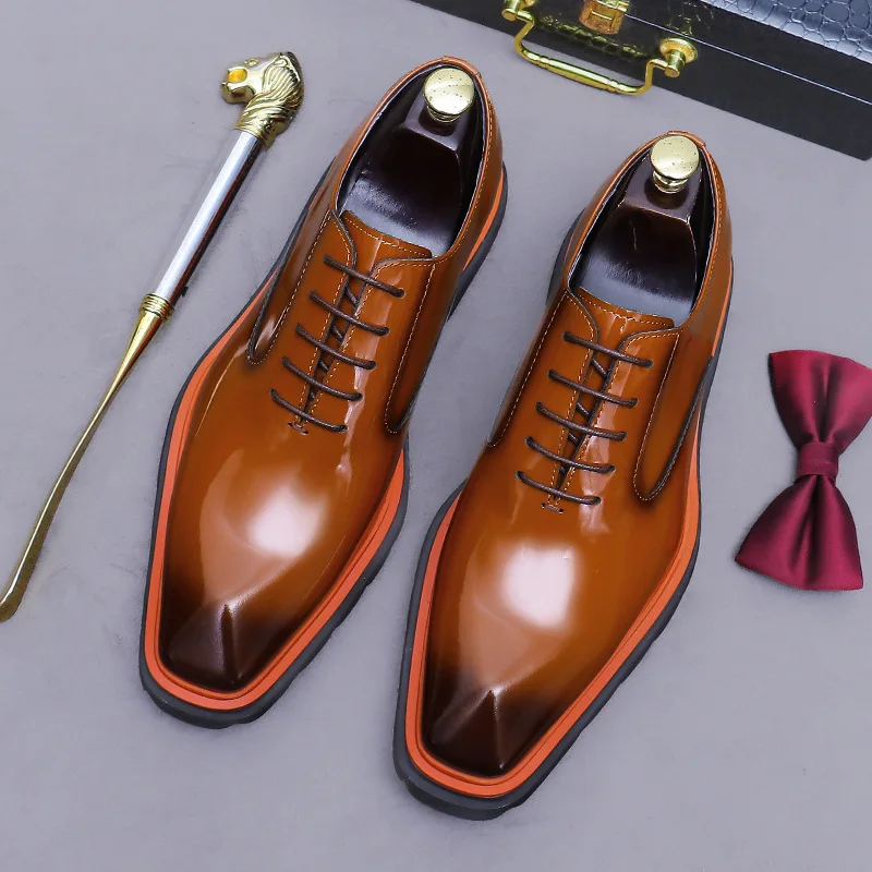 Glossy Patent Finish Plain Toe Oxfords 3.5Cm Chunky Lug Sole Height Increase Genuine Leather Upper Lace Up Mens Dress Footwear