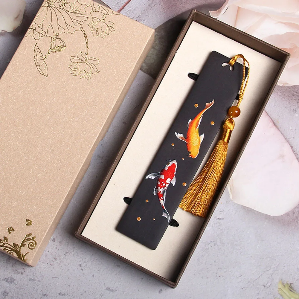 Retro Chinese Style Painted Koi Carp Wooden Bookmark Tassel Pendant Creative Book Mark Students School Reading Stationery Supply