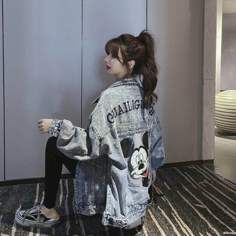 ديزني الصناعات الثقيلة الكرتون ميكي المطرزة كاوبوي معطف المرأة طالب ربيع الخريف أنيمي نمط الدنيم سترة النساء