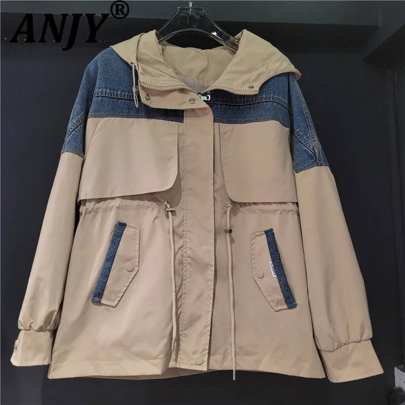 

ANJY Autumn New Women Casual Coat Denim Patchwork Contrast Color Hooded Zipper Pockets Fashion Vintage Chic Outdoor Jacket A9916