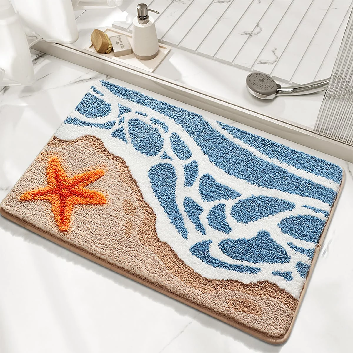 VIKAMA Faux Cashmere Bathroom Mat Entrance Anti Slip Water Absorbent Cartoon Starfish Shell Carpet Home Decoration view 3