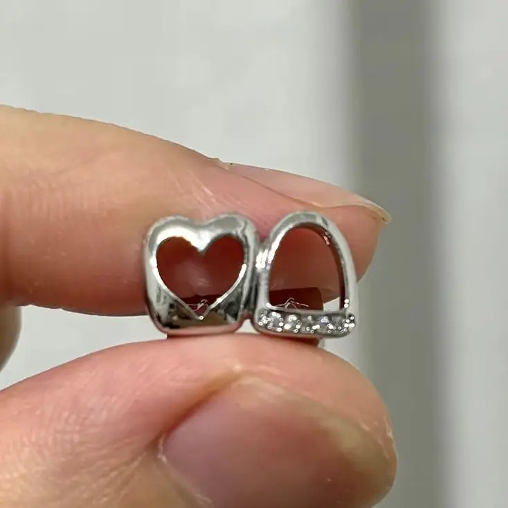 مزدوجة جوفاء خارج القلب الأسنان Grillz الشرير الجوف الزركون الأسنان قبعات للنساء الرجال الشارع المجوهرات #1