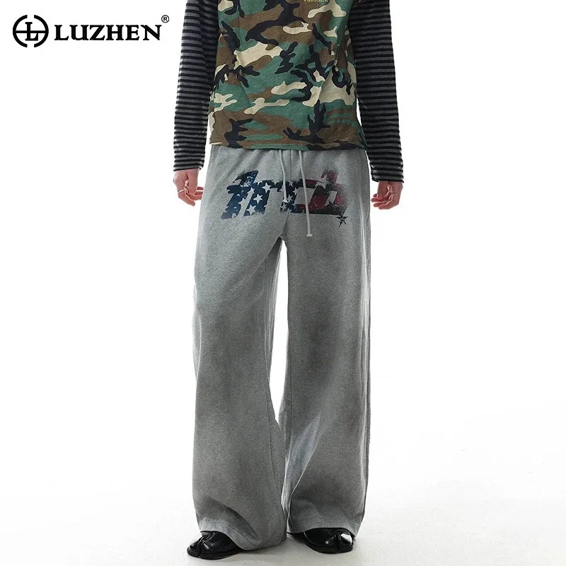 LUZHEN 2026 New Wornout Tie-dyed Design Printed Pattern Elastic Waist Straight Sweatpants Men's Fashion American Trousers JY9250