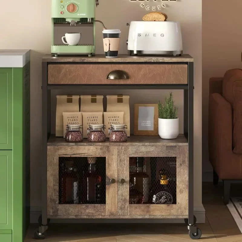 Work Table Bar Cart Three Tier Mobile Kitchen Island Cart Drawer Wheels Rolling Kitchen Trolley Coffee Bar Rustic Farmhouse