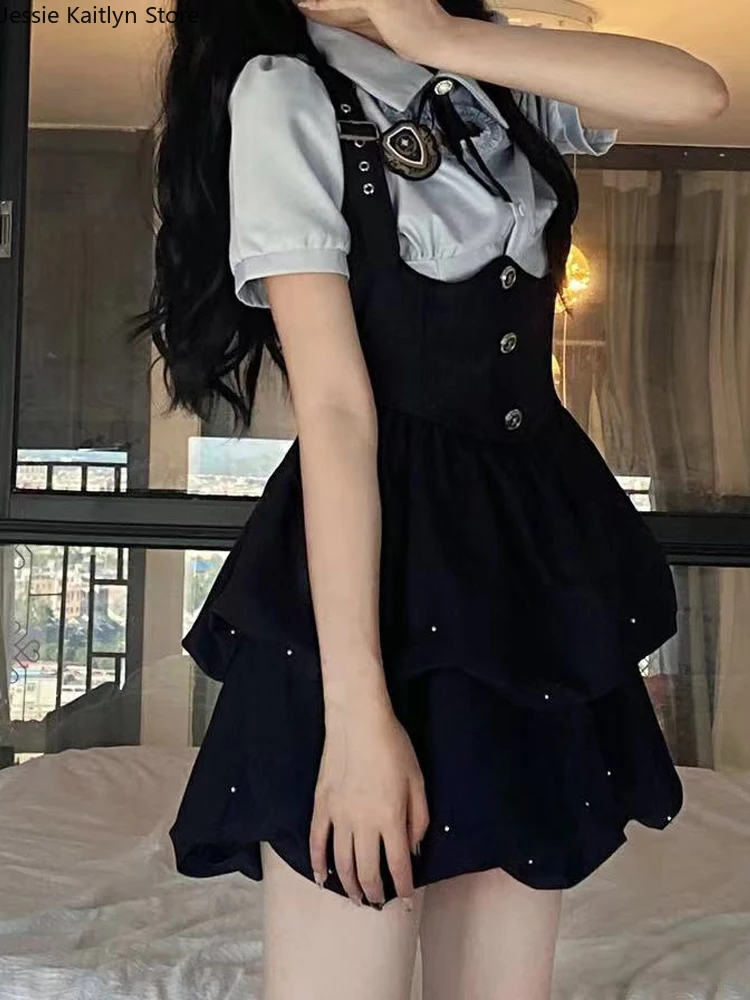 カワイイ-日本の女子高生の制服ドレス,キュートな女性のコスプレアニメの制服,韓国のシックなTシャツとミニストラップスカートのセット