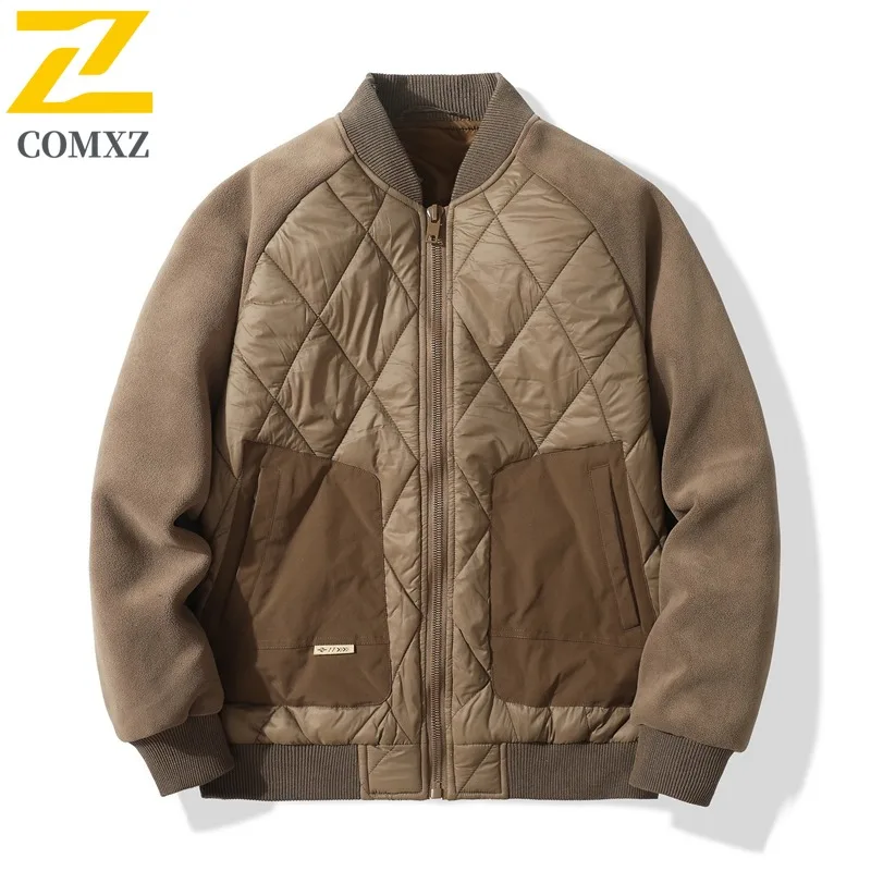 

COMXZ Winter Padding Coat Casual Loose Fit American Style Coat Stand Collar Trendy Splicing Quilted Baseball Jacket Cotton Coat