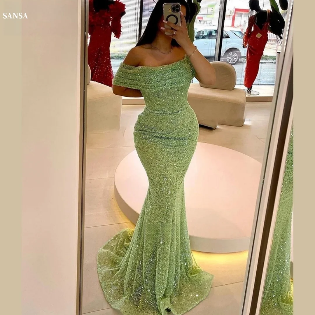 

Sansa Customized Green Sequins Off The Shoulder Prom Dresses Backless فساتين للمناسبات الخاصة Floor-Length vestidos de festa