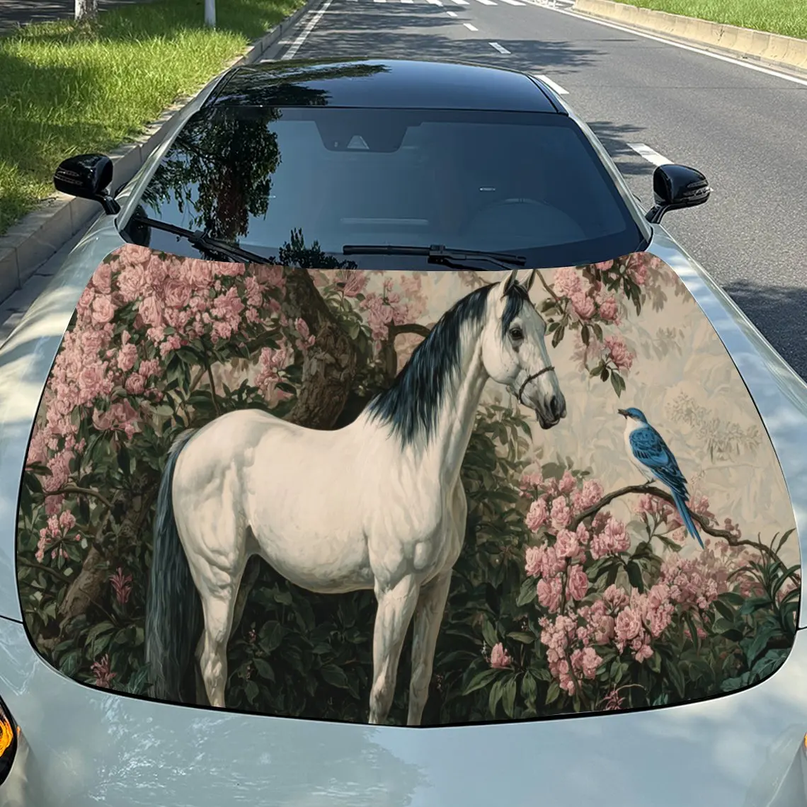 

Romantic Floral - Horse Car Hood Stickers - Self-Adhesive, Waterproof and Durable Vinyl Wrap, Decorate And Protect Your Car, Fit