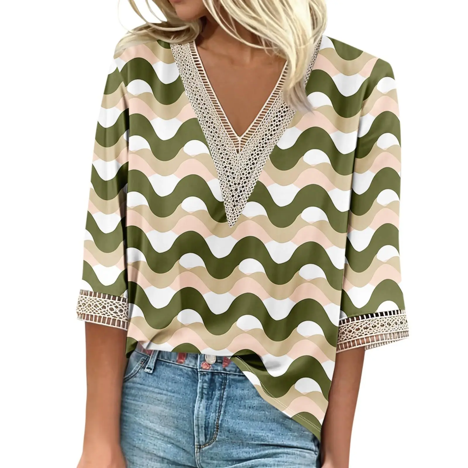 Fashion V-neck Short Sleeve Print Tops And Blouses Women 2025 Summer Lace Patchwork Casual Top Femme Office Blouse Shirts