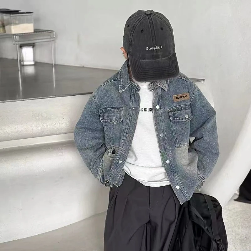 

Premium Boys Denim Jacket Spring Autumn Thin Collared Streetwear Shirt Big Kids Trendy Casual Wear