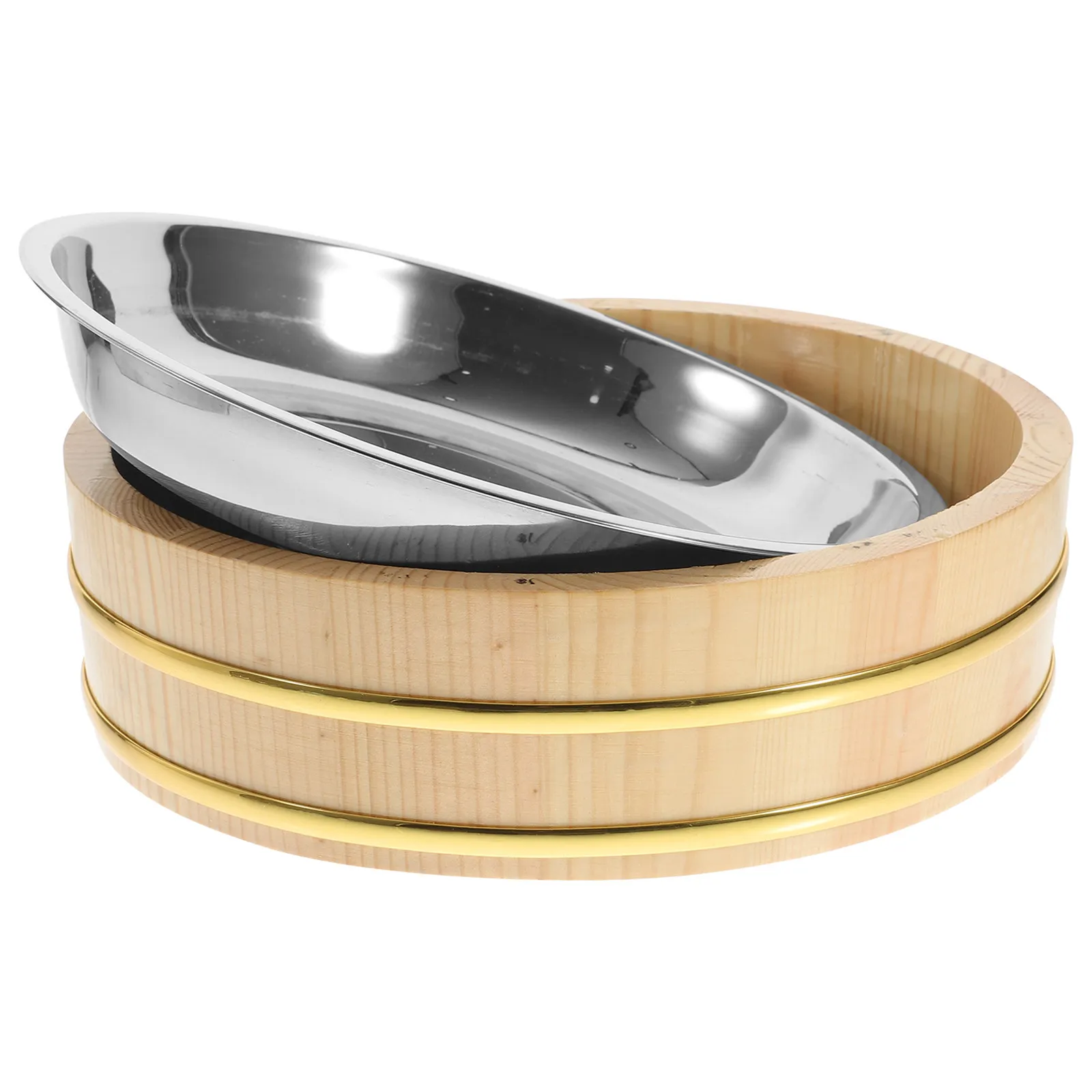 Cubo mezclador de arroz de madera y acero inoxidable engrosado de 1 pieza para preparación de sushi, uso doméstico y en restaurantes, y para servir mariscos y cangrejos de río