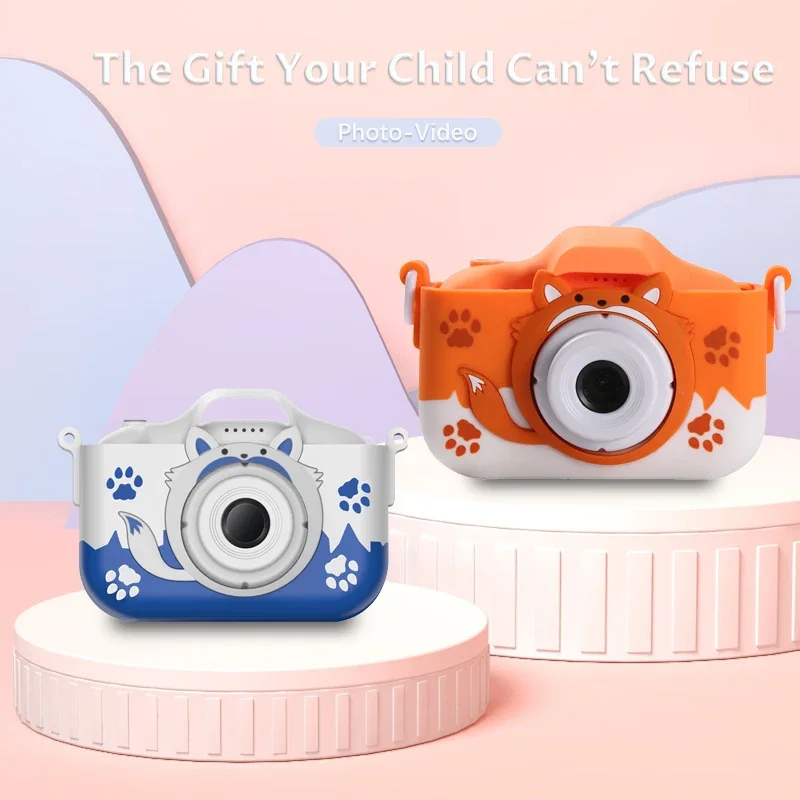 Cute Fox Camera Toy HD 1080P Kids Digital Camera Kids Early Shoot Toys Built-In Game Camera Shockproof Silicone Protection Cover