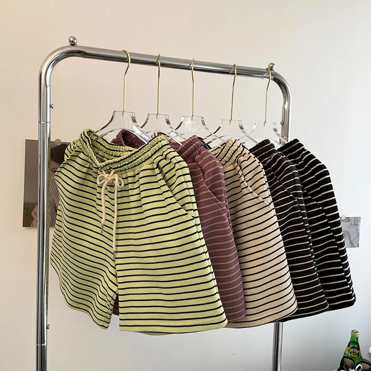 Trendy High Waist Wide Leg Sports Shorts Women's Casual Striped Summer 2023 New Loose Versatile Korean Style Commute Pants