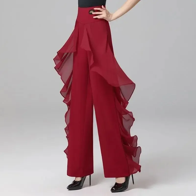 

Women Latin Dance Modern Dance High Waist Ruffle Wide Leg Pants Jitba Pants Loose Fashion Practice Clothes Ballroom Dance Wear