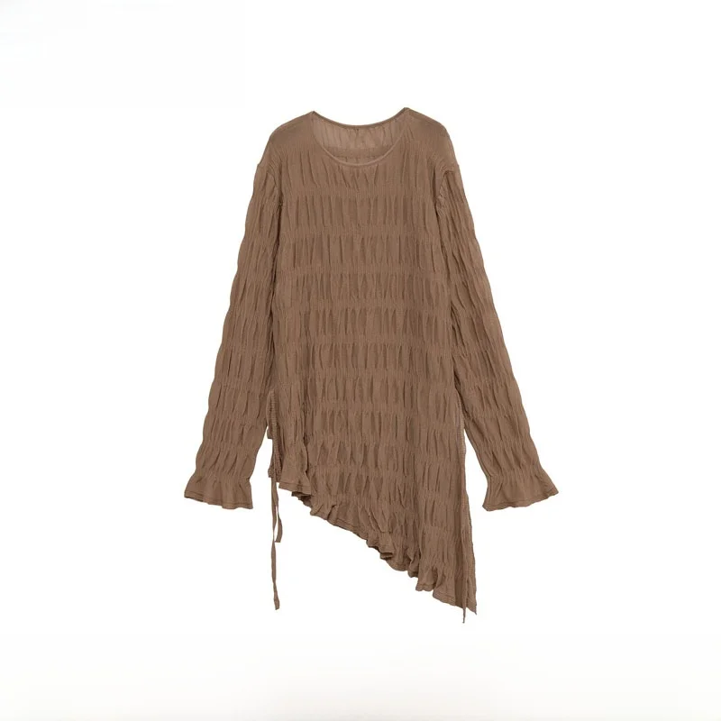 Faionable Gestrickte Lange Sve Runde Ne Plissee Damen Top Mit Gürtel Lässig Lose Polyester Faser Atmungsaktiv Bequem