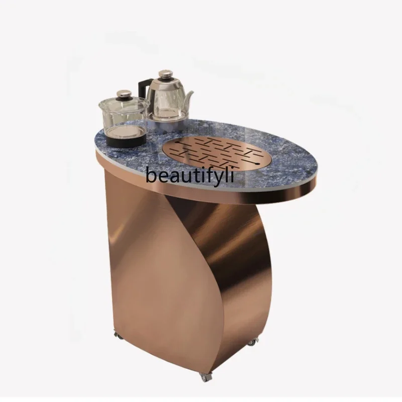 

x11Rose Gold Small Tea Trolley Light Luxury Balcony Stainless Steel Brushed Removable Tea Table Blue Jade Glossy Stone Plate