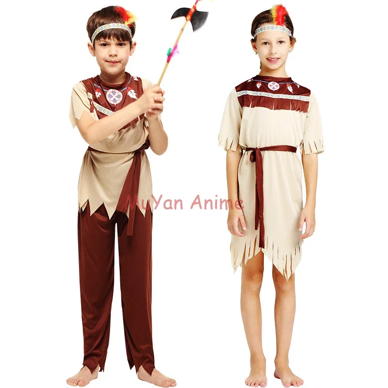 Kids Aboriginal Indian Primitive Cosplay Costumes The Flinstones Leopard Viking Savage Robes Dress Stage Suit Performance Props