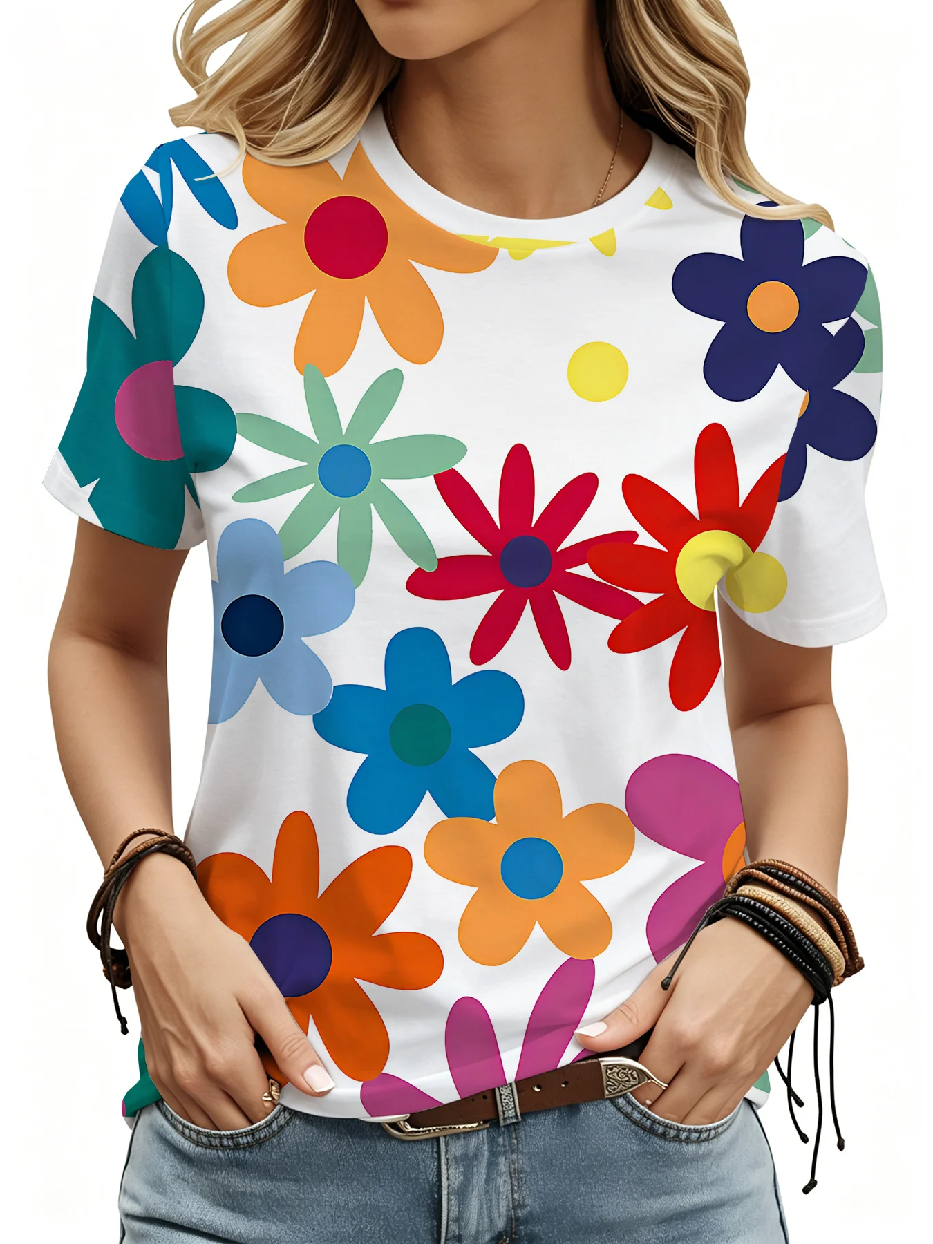 New Rainbow Petal Pattern Print Short-Sleeve T-Shirt, Fashionable Round Neck Casual Daily Top for Women
