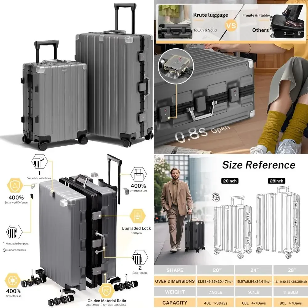 

Набор ручной клади с алюминиевой рамой, 20- и 28-дюймовые чемоданы-спиннеры с замком TSA, без молнии, идеально подходят для путешествий