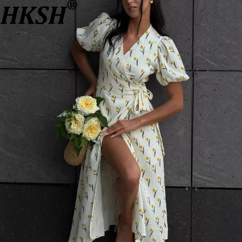 

Женское летнее платье HKSH с принтом, пышными рукавами, V-образным вырезом, разрезом, приталенное, элегантное, повседневное, из хлопка, новинка HK20273