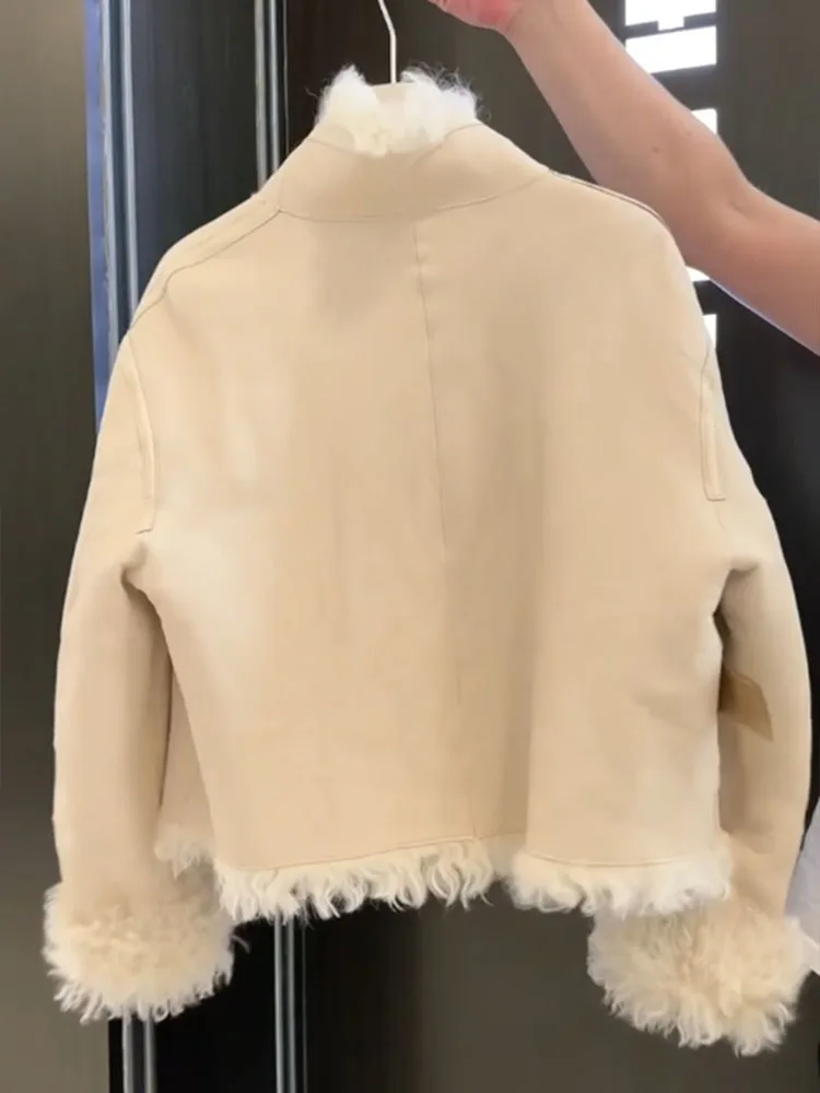 جاكيت نسائي كوري فاخر مبطن بالفرو والجلد، لون مشمشي، مقاس صغير، أنيق لفصل الشتاء...