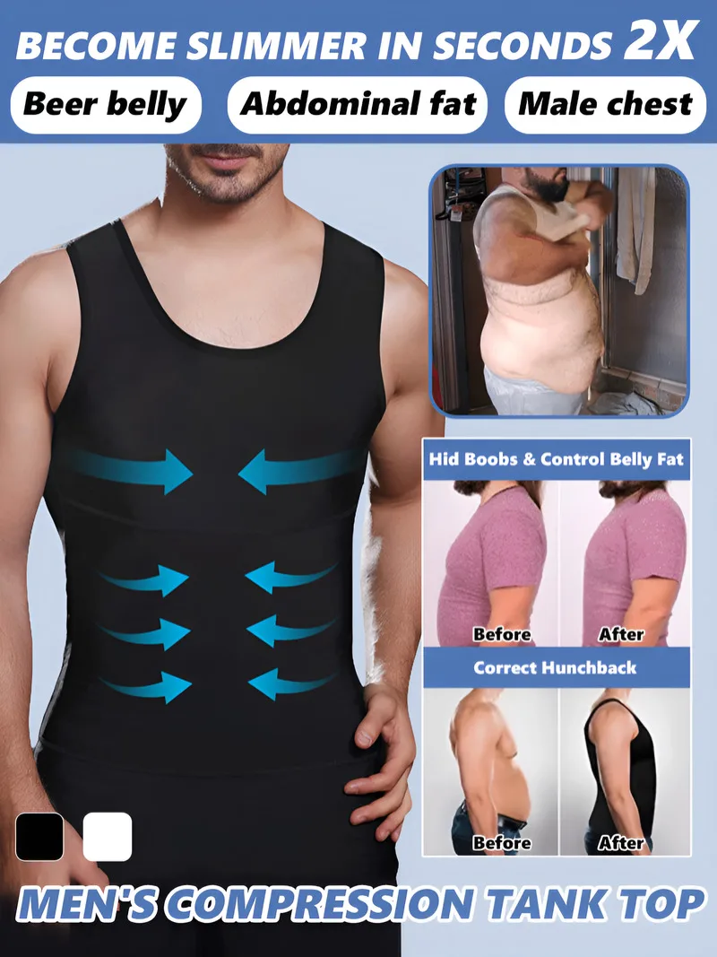 

Men's Double Layer Slimming Bodysuit Tight Shapewear Fitness Training Body Shaper Compression Shirt Muscle Support Workout Gym