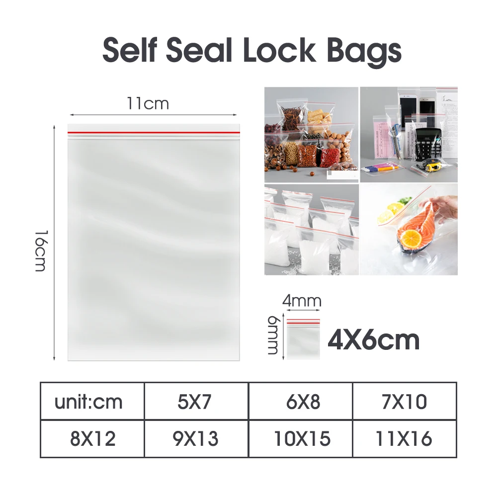 100PCS Plastic Zip Lock Bag Resealable Self Seal Pouch Storage Organizer Bag for Pack Products Jewelry Food Vacuum Fresh Pocket