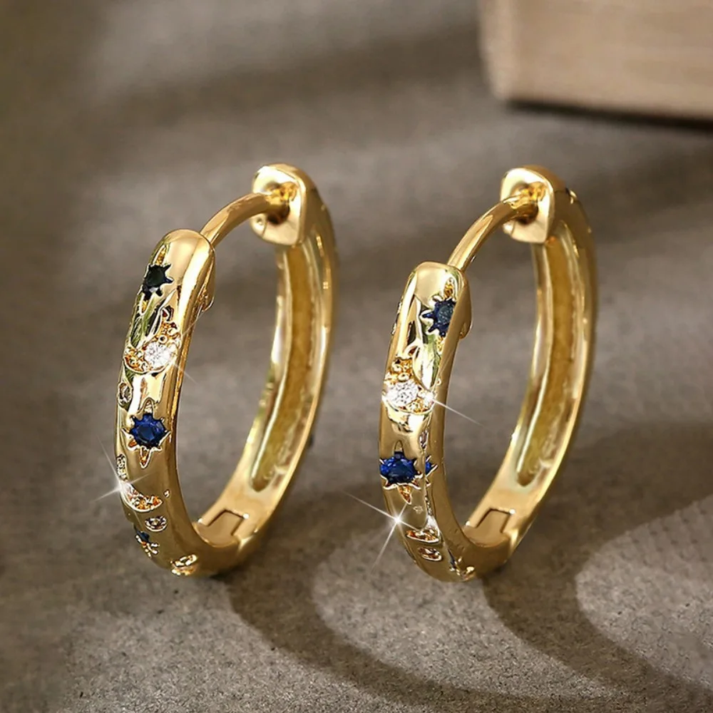 Korea Temperament Micro-inlay 5A Zircon Star Moon Gold Color Stainless Steel Hoop Earrings for Women Hip-hop Party Daily Jewelry