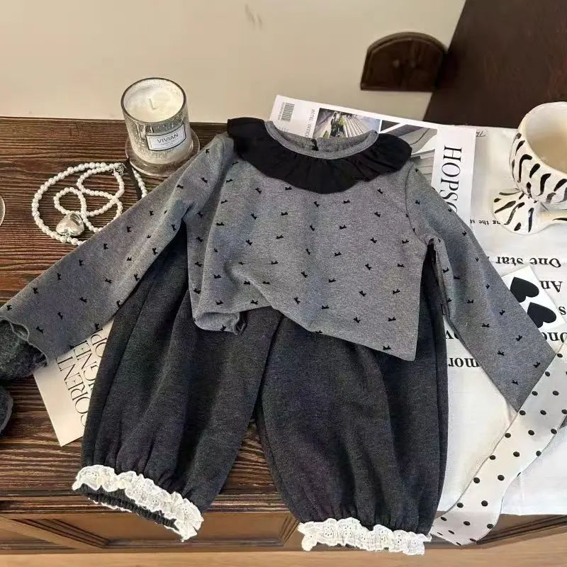 

Baby Girl Autumn Outfit 2025 New Girls' Clothing Lace Bow Bottom Shirt For Little Girls Casual Sweatpants Two-piece Set