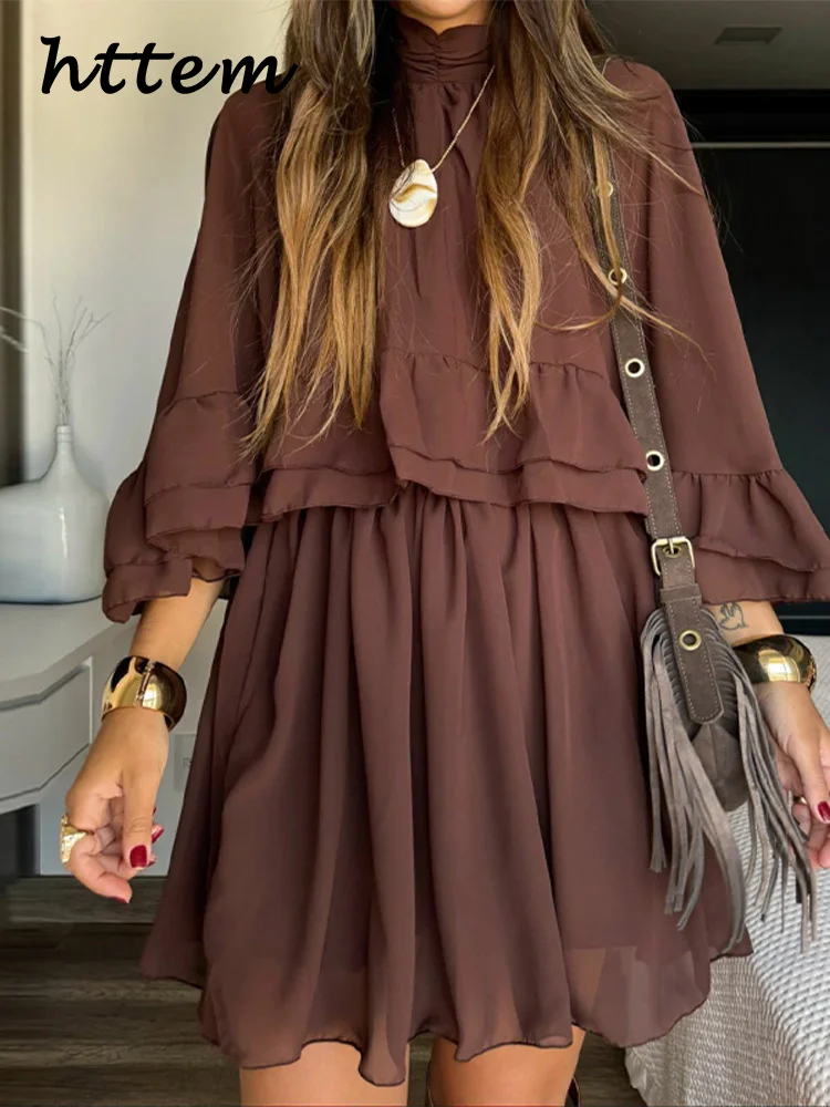 

Elegant Ruffle Short Dress Women O-neck Flare Sleeve Pleated Female Dresses 2025 Summer Lady Loose Vacation Robes