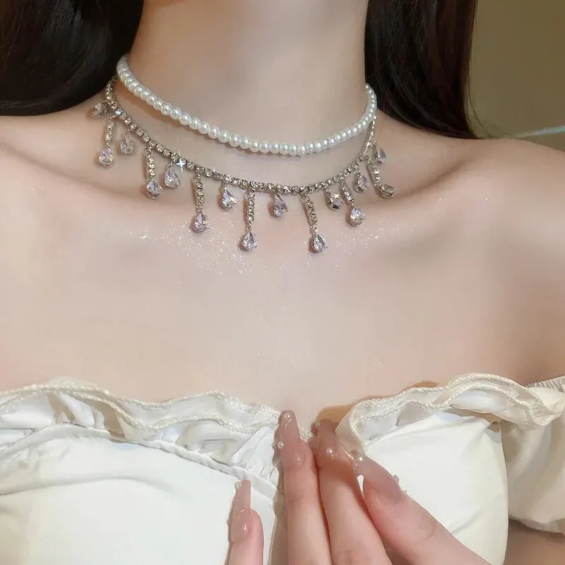 Luxury Rhinestone Crystal Chokers Necklaces For Women Multilayer Imitation Pearl Chain Necklace For Party Wedding Jewelry