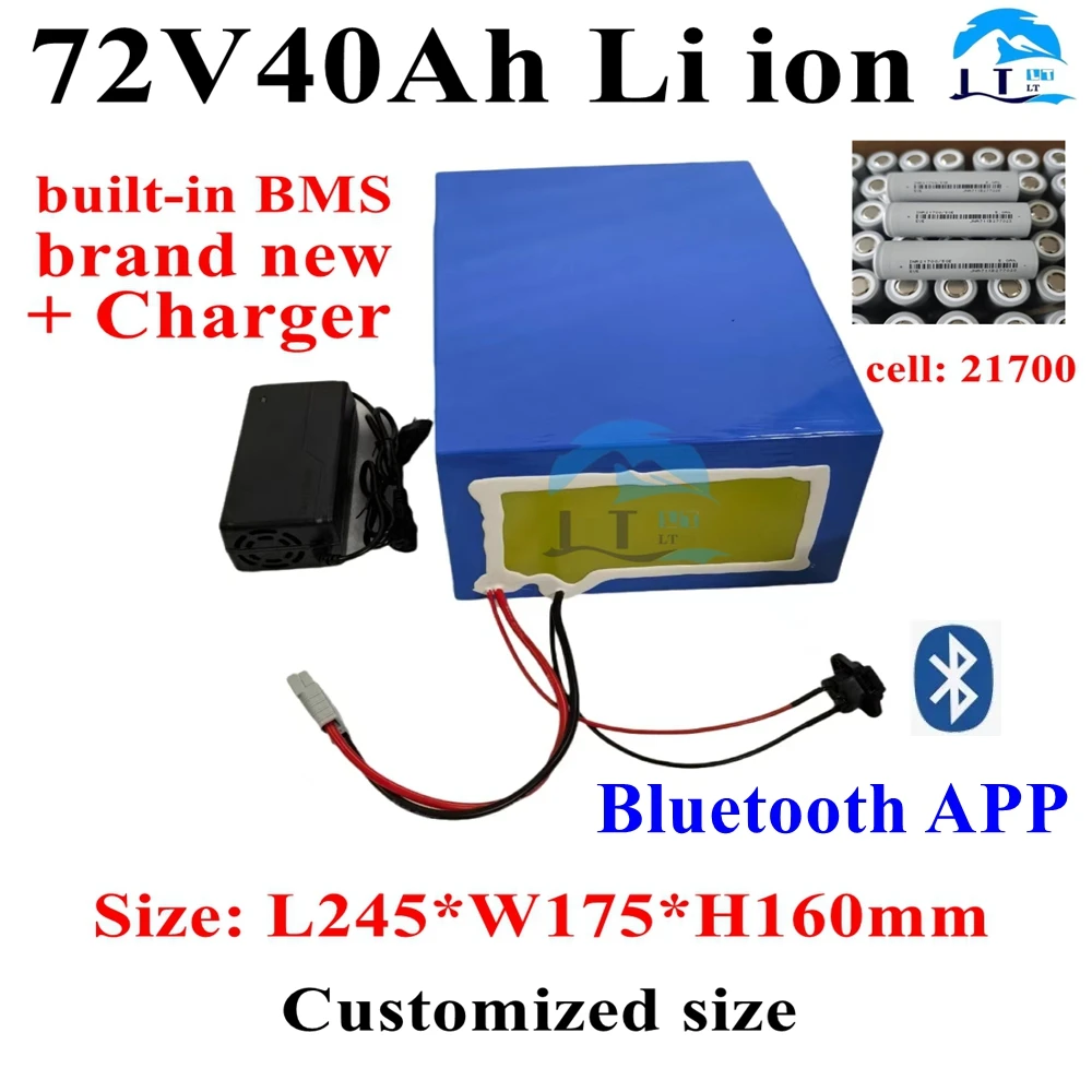 Batterie articulation ion 72V, 40Ah avec BMS Bluetooth, pour Vélo, Scooter, Moto, avec Chargeur 10A, 5000/3000W