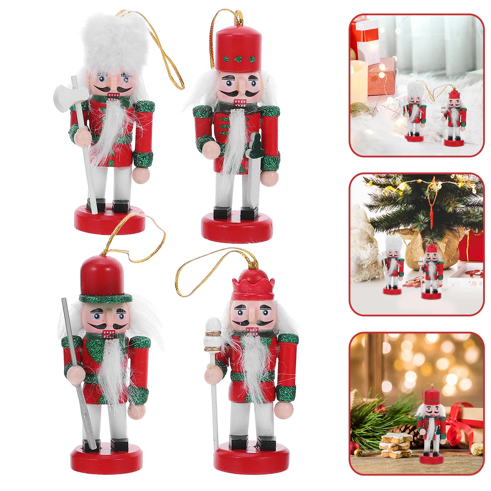

4Pcs Wooden Nutcracker Ornaments Handcrafted Christmas Decor for Tree Tabletop Holiday Display Red Nutcracker Soldier Pendant