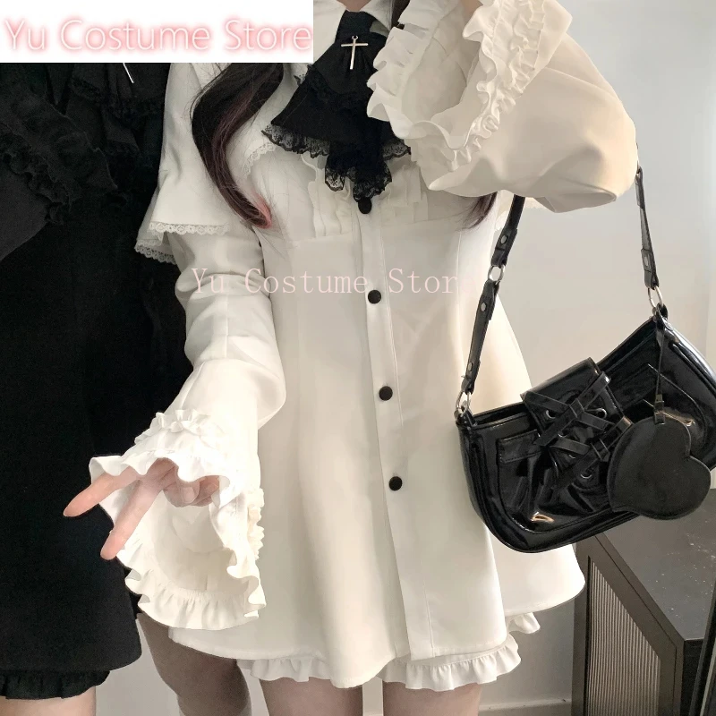

Vintage Lolita Style Mini Dress Set Women Gothic Y2k Loose Flare Sleeve Fake Two Pieces Party Dresses Female Kawaii Cute 2025