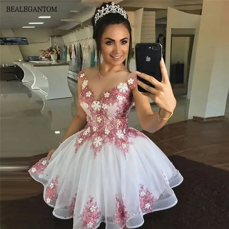 

Bealegantom Sexy A-line Short Homecoming Dresses 2024 3D Flowers Lace Appliques Mini Graudation Cocktail Prom Party Gown QA239