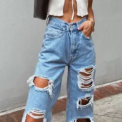 New Ripped Wide-leg Jeans Women Youthful Elastic Force Jeans Pants for Women Vintage Women's High Waisted Jeans Female Trousers