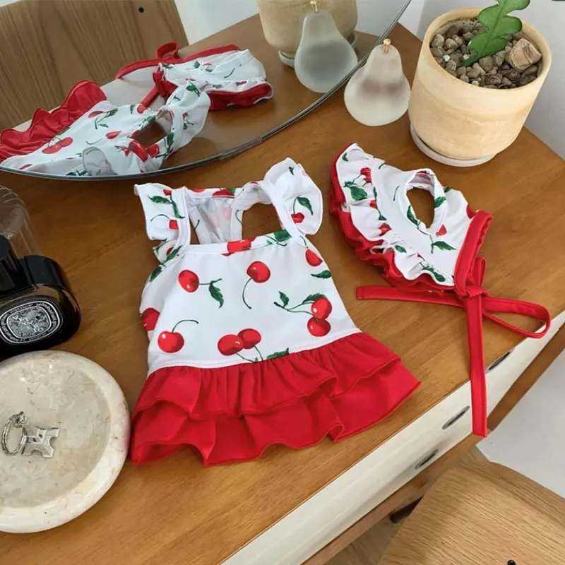 Red Cherry Puppy Swimsuit Summer Pet Suspender Vest Dog Dress Teddy Two-legged Clothes Pet Clothing XS-XL