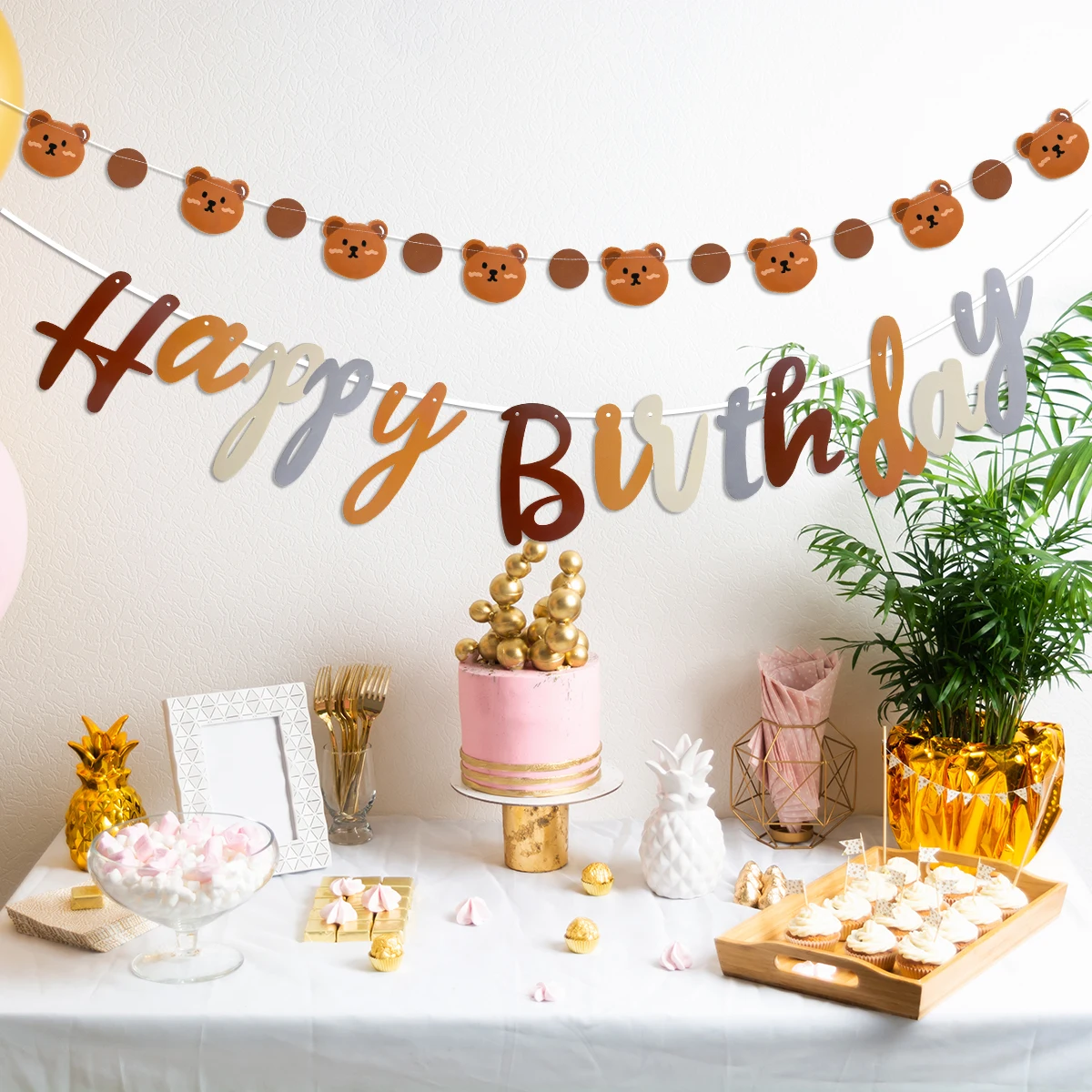 Cute Bear Paper Birthday Bunting Banner Bear Happy Birthday Banner Hanging Garland for Kids Baby shower 1st First Birthday Decor