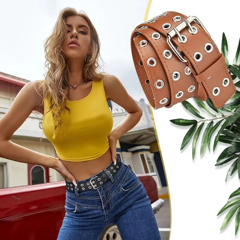 

Elegant Punk Double Row Hole Belt Wide Side Metal Buckle PU Leather Star Waistbands Y2k Style All-match Hip-hop Waist Belt Party