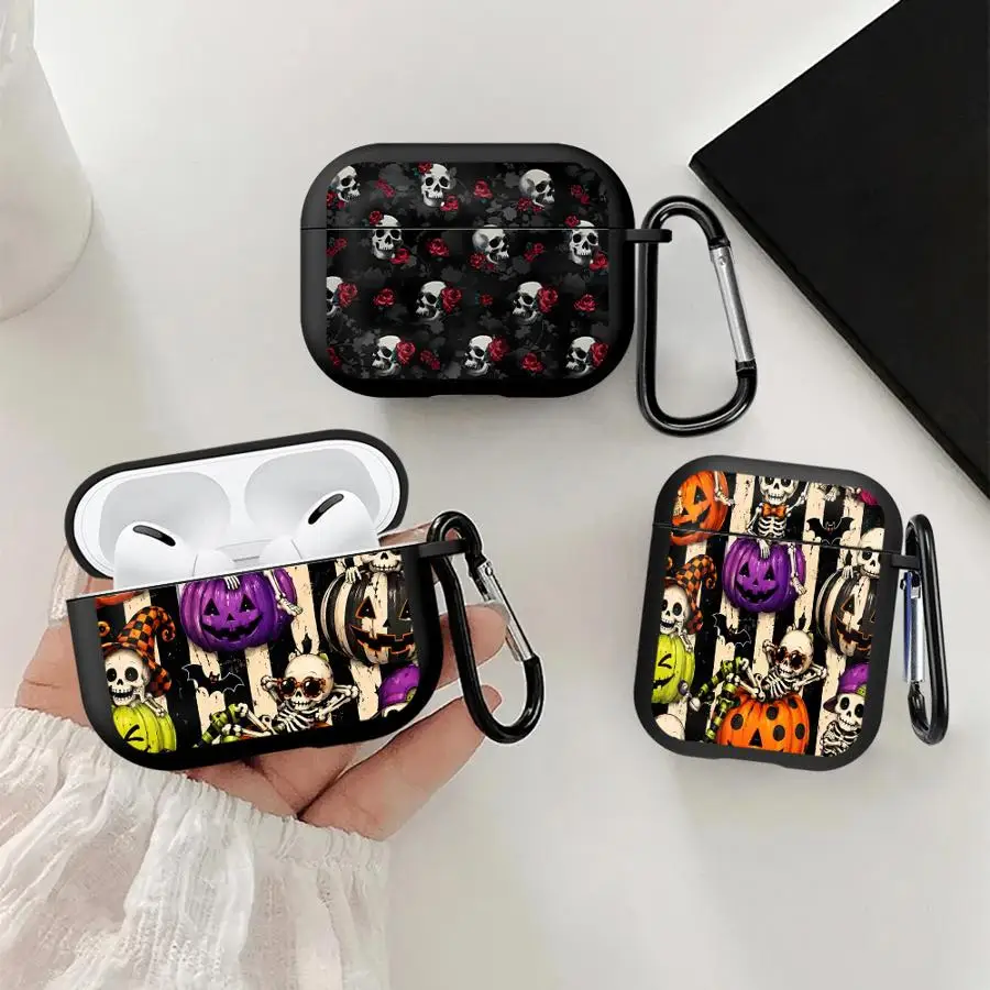 Skeleton Pumpkin Print Case For Airpods 5 Pro Pro2 Pro3 2 3 1 4 Earphone Cases Cover With Hook