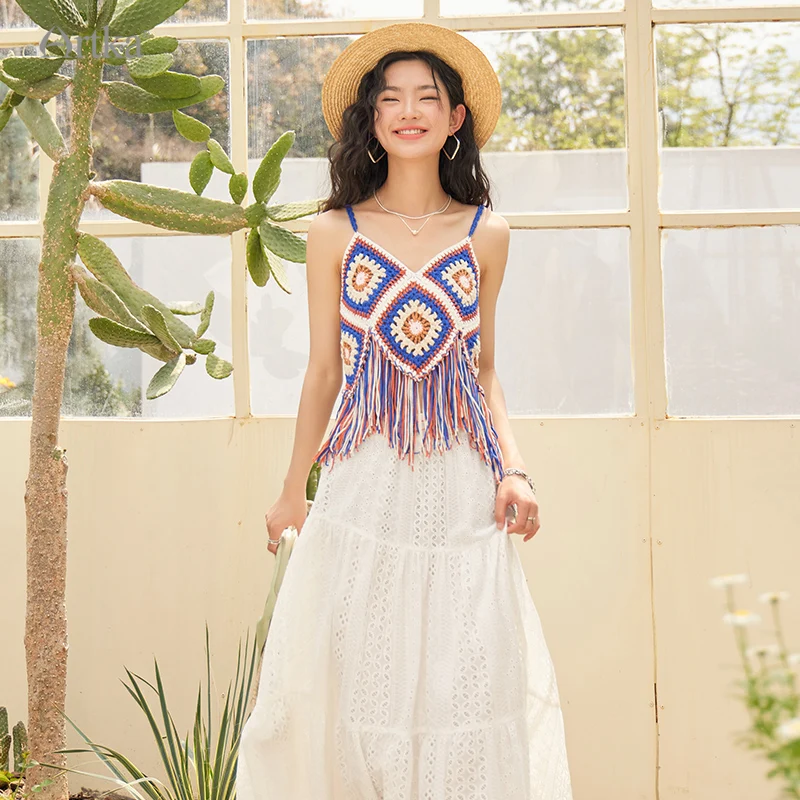 ARTKA 2023 Summer New Women Tank Top Vintage Bohemian Indie Folk Knitted Camis Sleeveless Tassels Crop Tops Female BA92235X